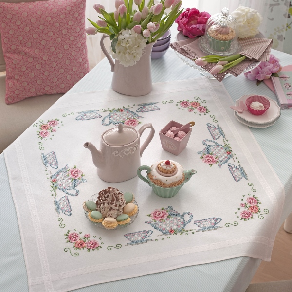 ABAKUHAUS tè Tovaglia, Nostalgico Pentole con Polka Dots, Rettangolare per Sala da Pranzo e Cucina, 140 cm x 200 cm, Rosa Pallido Peach