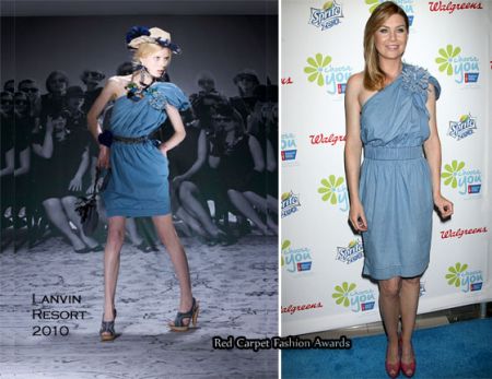 Ellen Pompeo con un abito monospalla di Lanvin