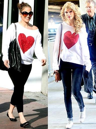 Jennifer Lopez e Taylor Swift: stessa felpa con maxi cuore