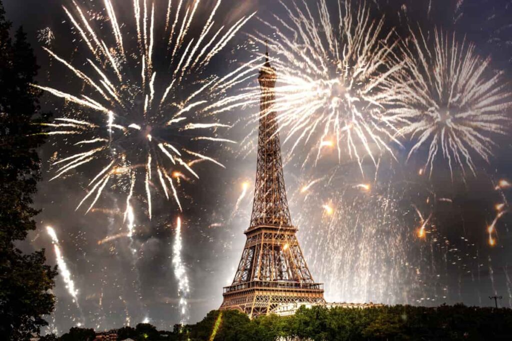 fuochi d'artificio sul cielo notturno con la torre eiffel 