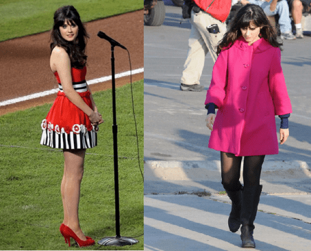 Lo stile frou frou di Zooey Deschanel con il cappottino di Kate Spade e vestito Moschino