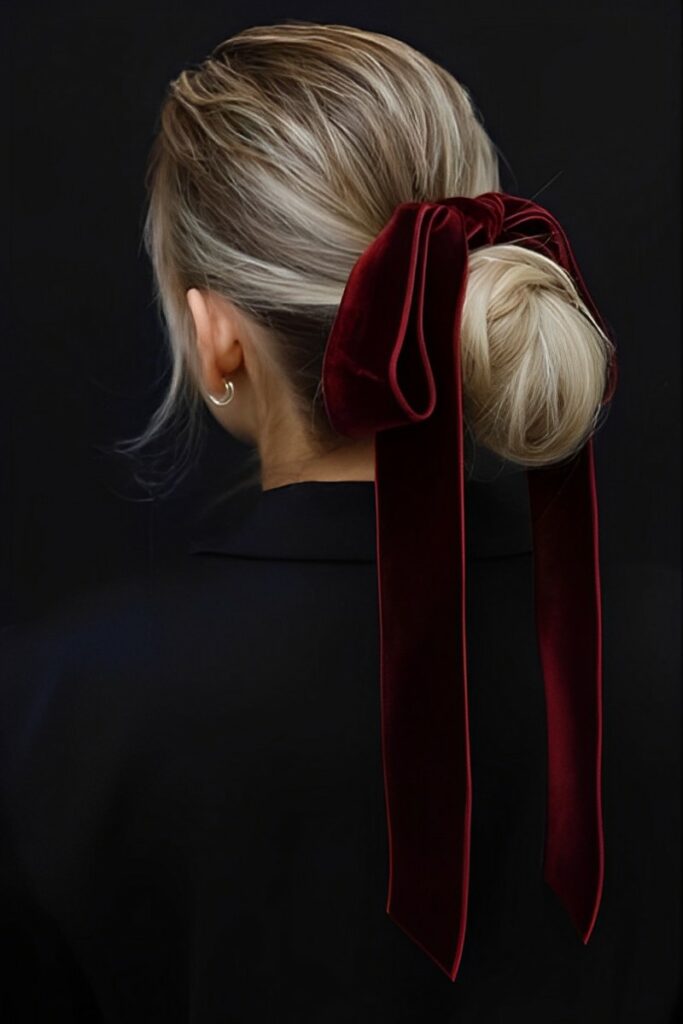 Chignon con fiocco rosso velluto - acconciature Natale e Capodanno