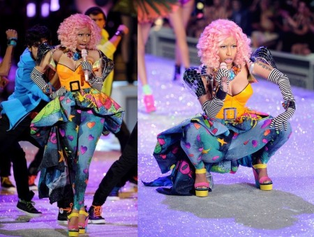 Nicki Minaj con zeppe color block di Giuseppe Zanotti al fashion show di Victoria’s Secret