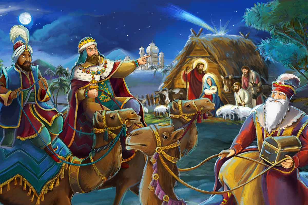 Illustrazione che mostra i Re Magi che lasciano i loro doni a Gesù bambino