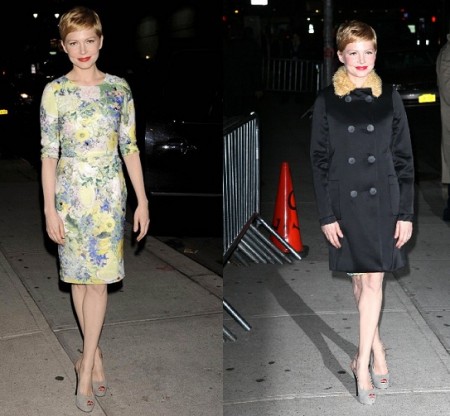 Michelle Williams con un abito a fiori di Erdem e cappotto Balenciaga