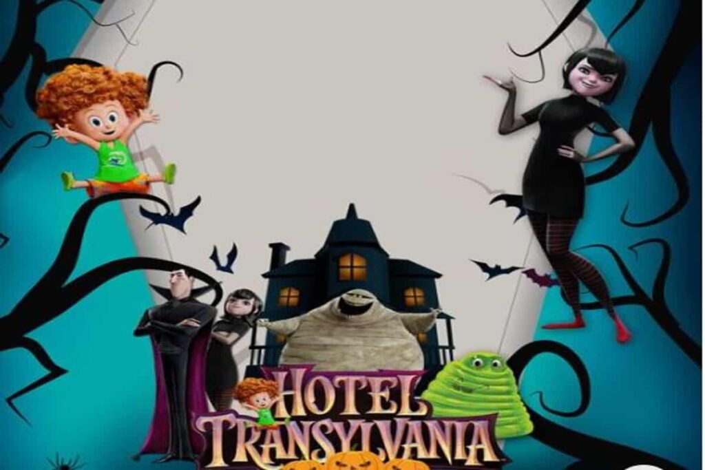 immagine di un cartone con scritta hotel transylvania con alberi e mostri di halloween