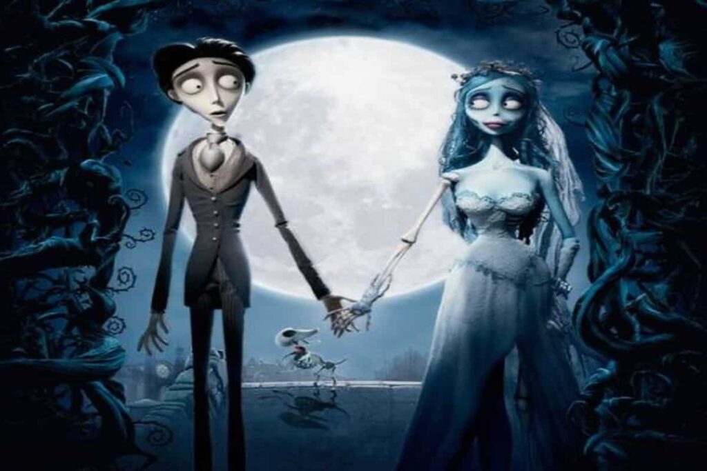 immagine animata di uomo e donna, cadaveri, che si sposano