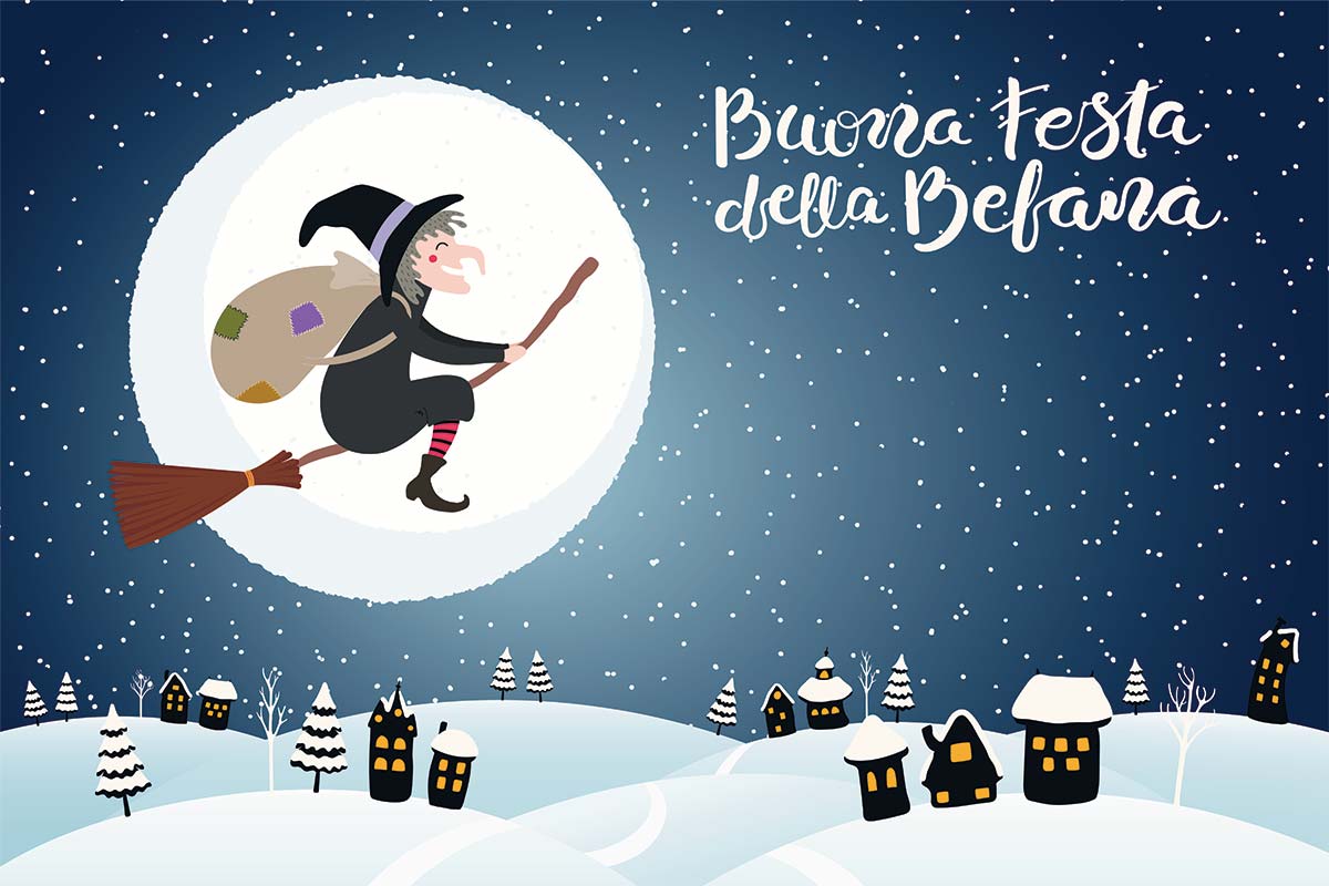 Disegno colorato della Befana a cavallo della sua scopa