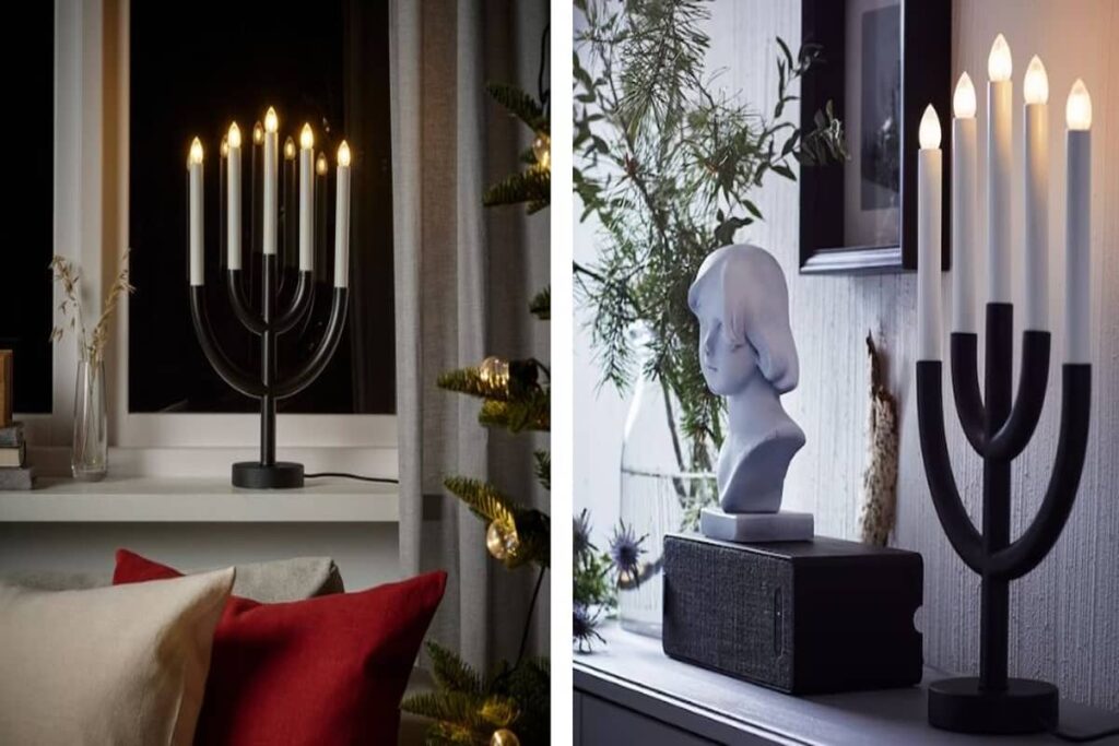 foto a destra con un candelabro davanti alla finestra, a sinistra candelabro poggiata su un mobile con altri accessori d'arredamento vicino