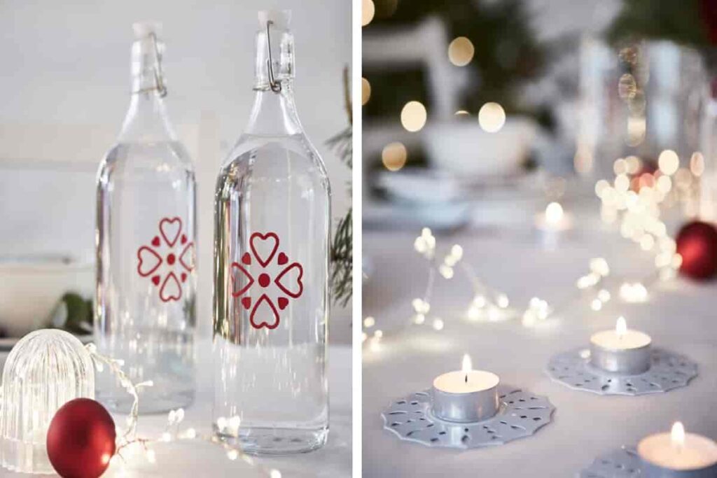 decorazioni natalizie con bottiglie, palline di colore rosso e candele 