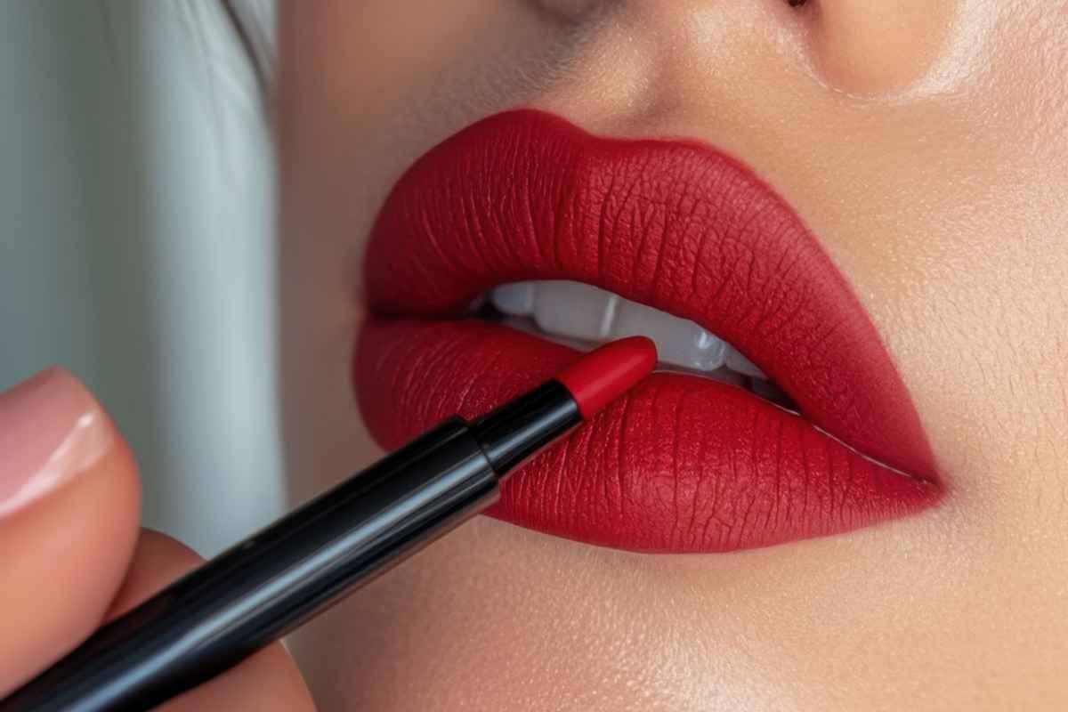 Primo piano di giovane donna che si trucca le labbra carnose con rossetto rosso