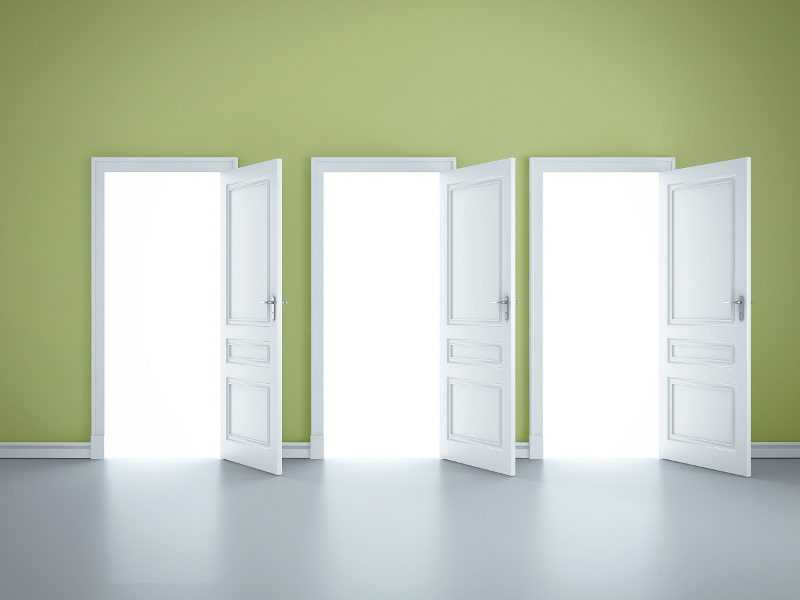 three open doors in green room