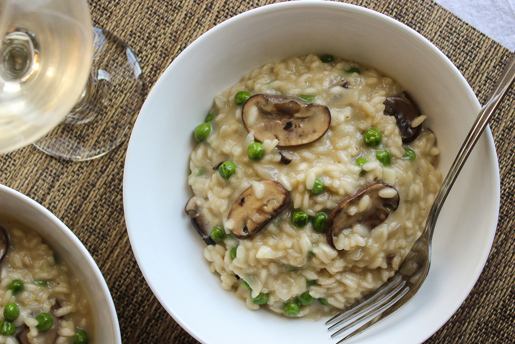 Risotto ai funghi e piselli, ricetta light