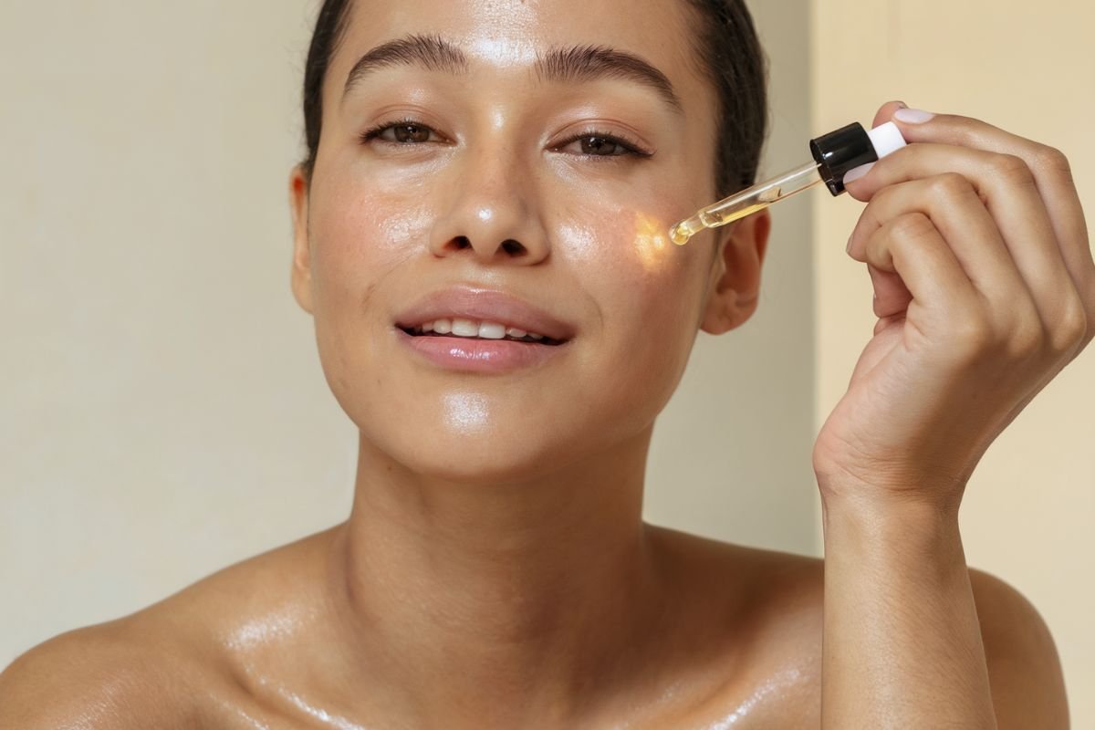 persona che applica olio sul viso