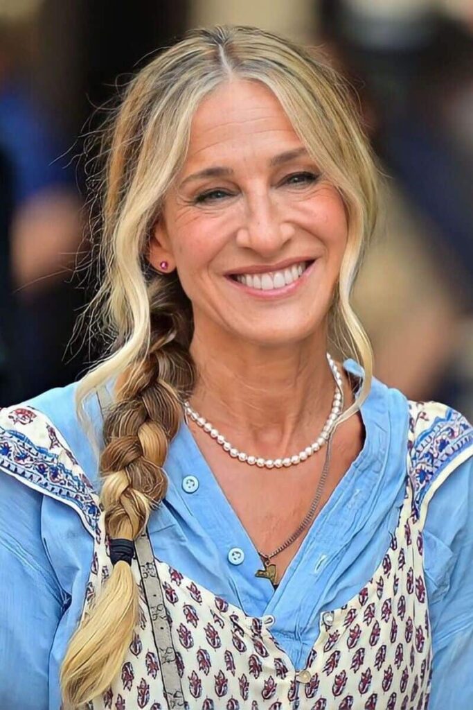 Sarah Jessica Parker con treccia bassa - idee acconciature capelli in montagna