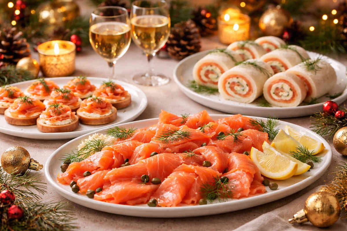 Tavola natalizia imbandita con delle ricette con il salmone