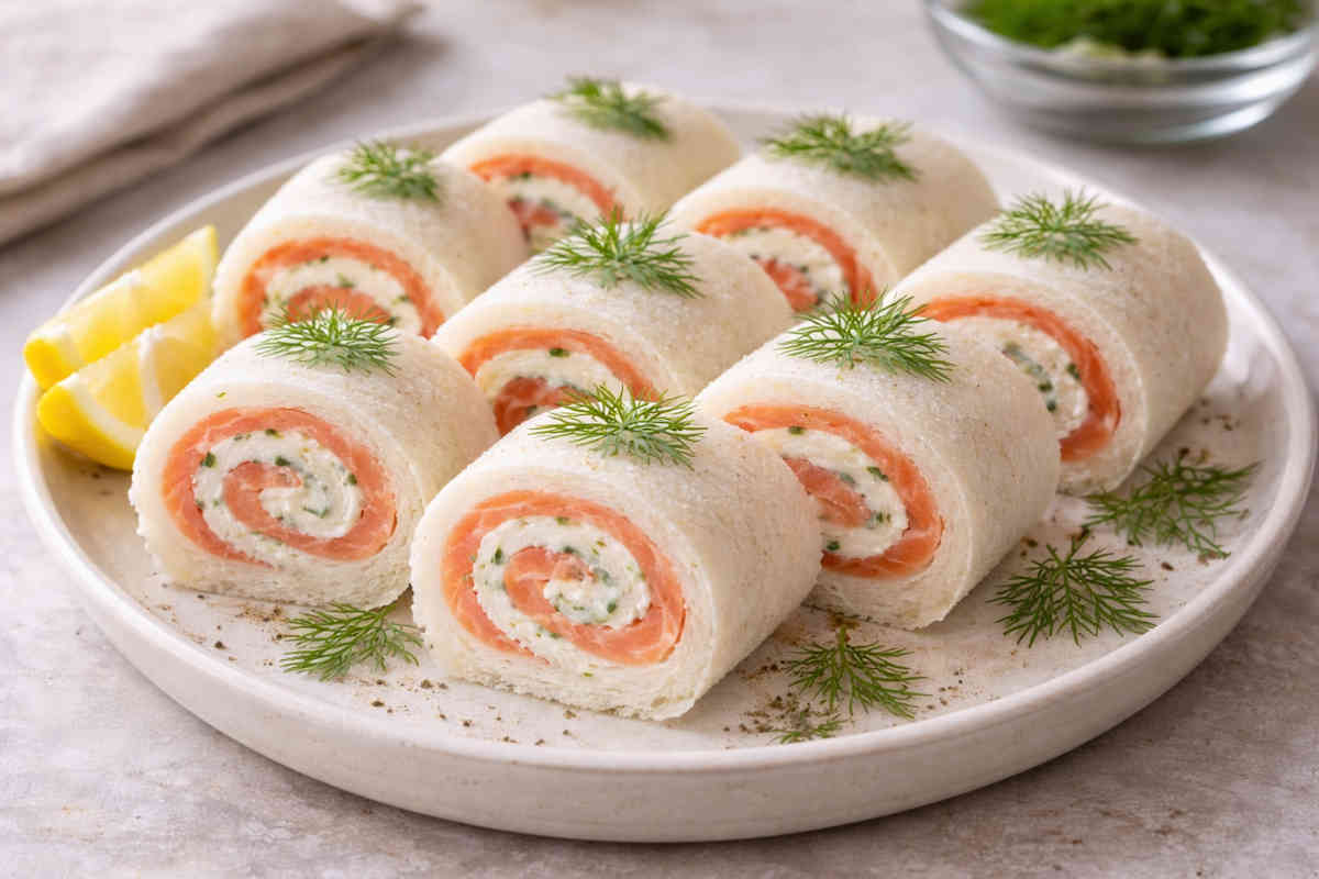 Rotolini su un piatto da portata farciti con salmone e philapelphia