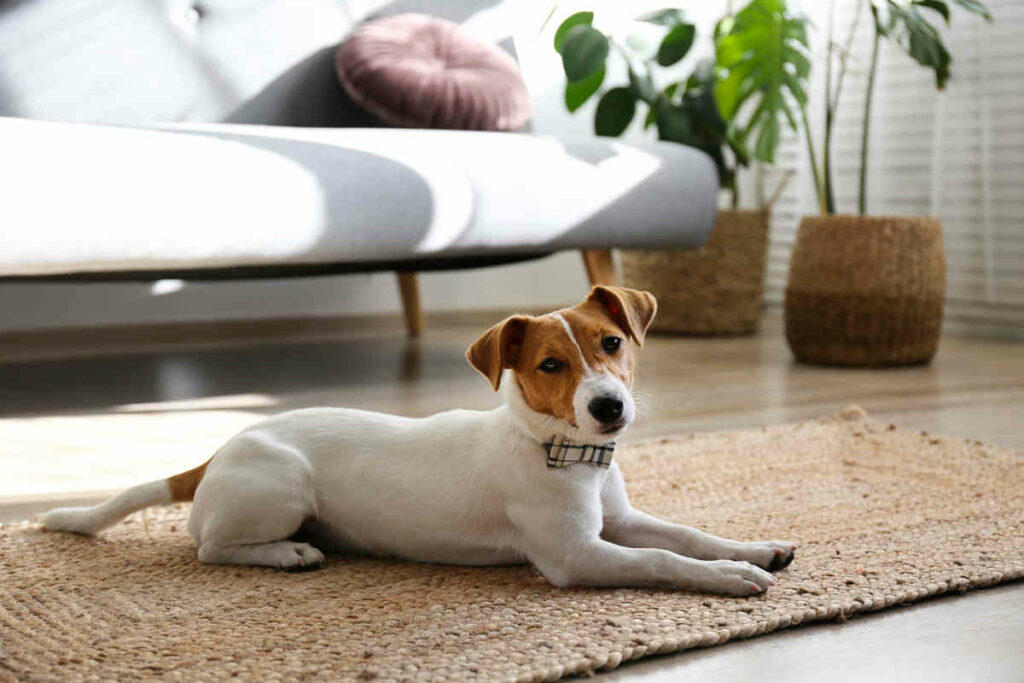 cane di razza jack russel di colore bianco e marrone sdraiata sul tappeto di un salotto con pappillon