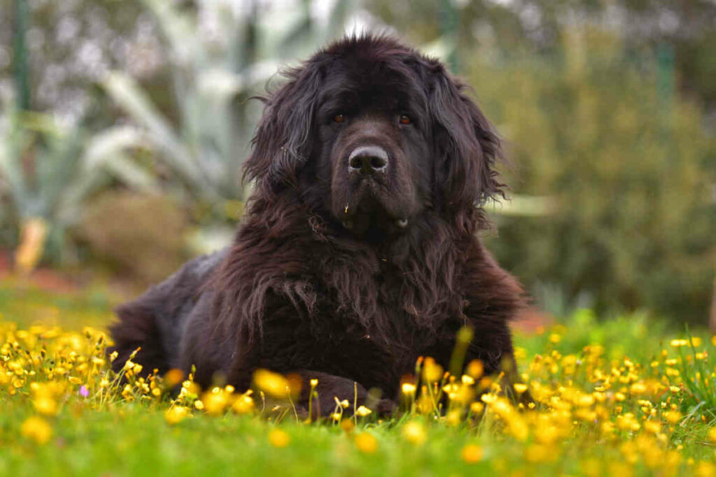 cane di razza terranova di colore nero in primo piano sdraiata su un prato verde con fiori gialli