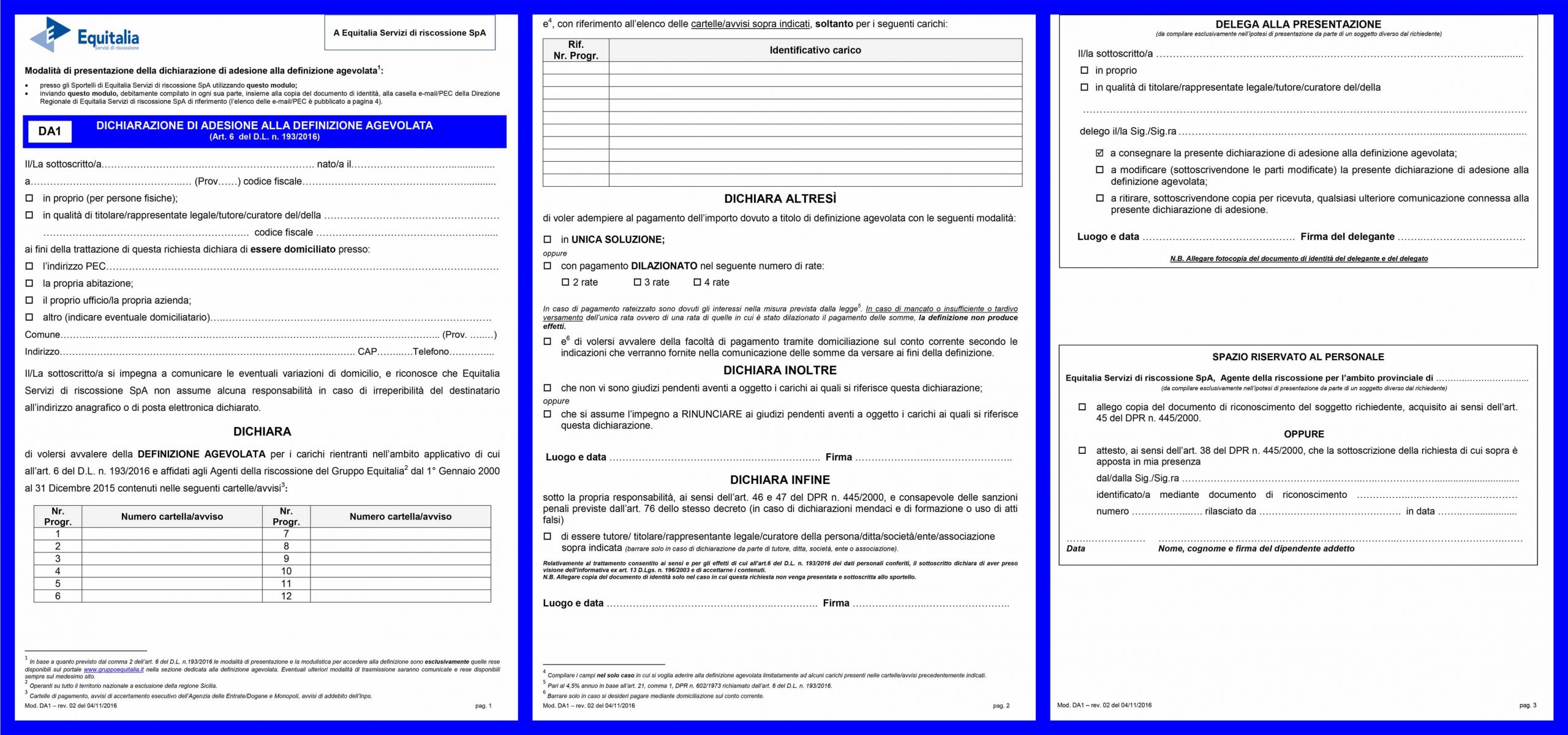 Modello DA1 Equitalia rottamazione