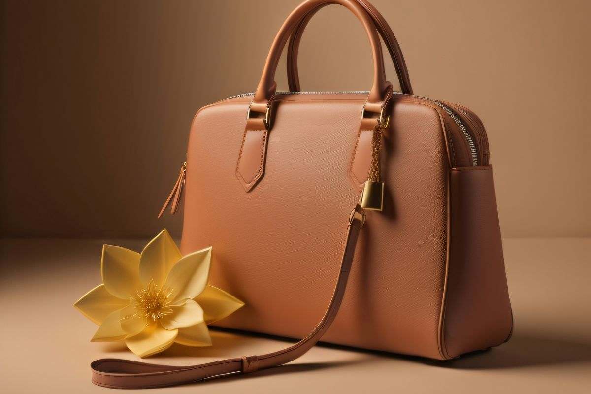 borsa marrone su un tavolo con fiore