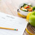 foglio con scritto "diet plan" e frutta