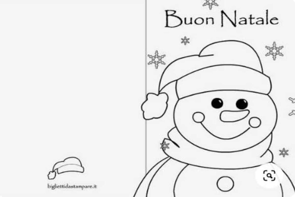 foglio diviso in due, nella parte destra disegno in bianco e nero con pupazzo di neve e scritta buon natale