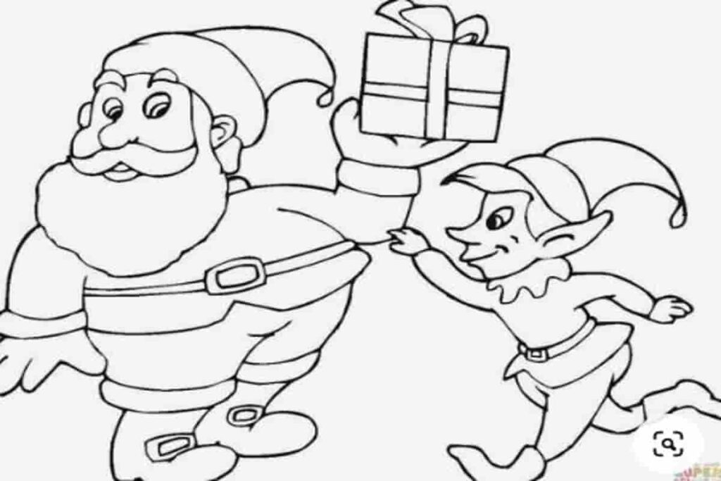 disegno in bianco e nero con babbo natale e un elfo che tiene un regalo da colorare