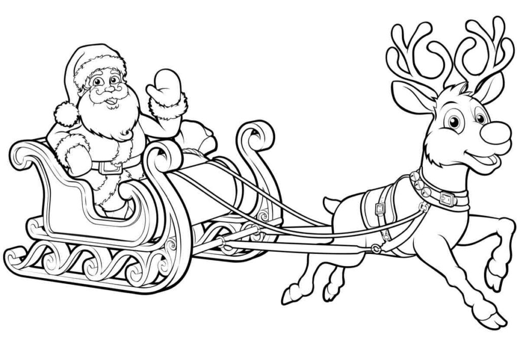 immagine in bianco e nero da colorare con babbo natale sulla slitta guidata da una renna