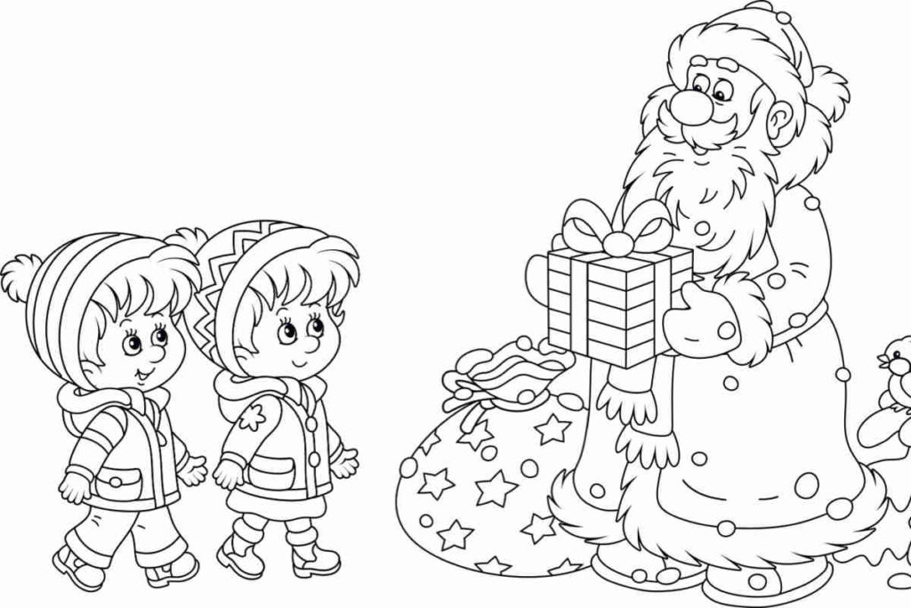 immagine in bianco e nero, da colorare, con babbo natale che porge un dono a due bambini