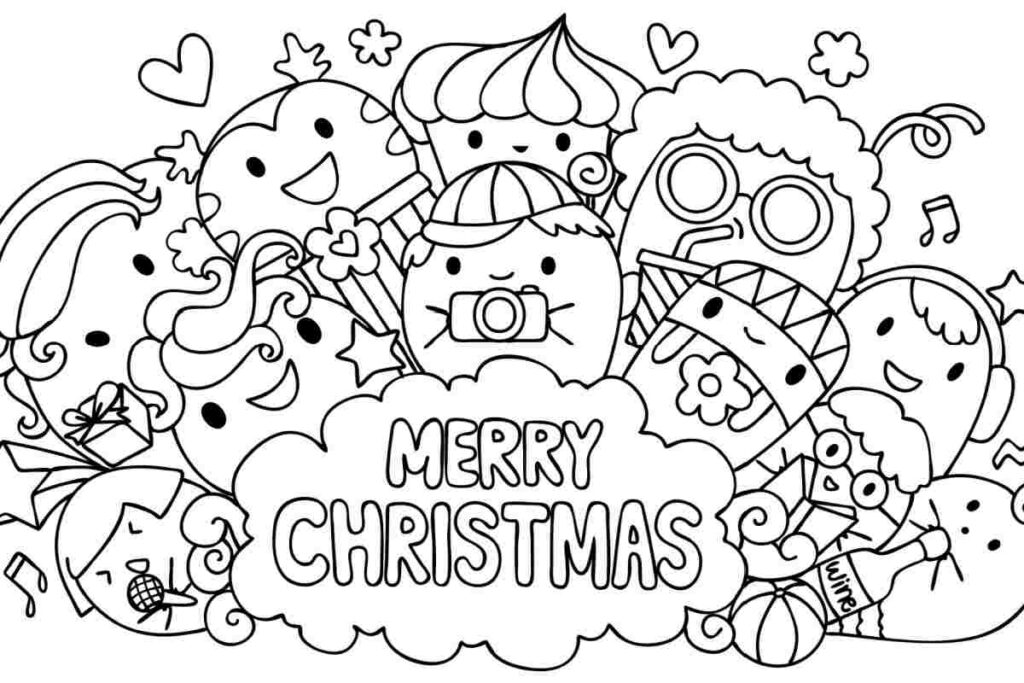 immagine in bianco e nero da colorare con pupazzi e scritta centrale merry christmas