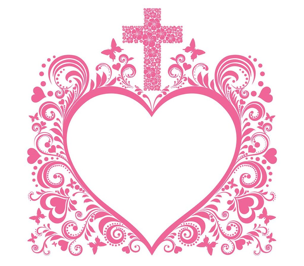 Biglietto per il battesimo di una femminuccia con un cruore e una croce rosa