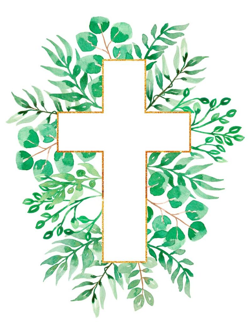 Biglietto da stampare con disegnato una croce e delle foglie verdi