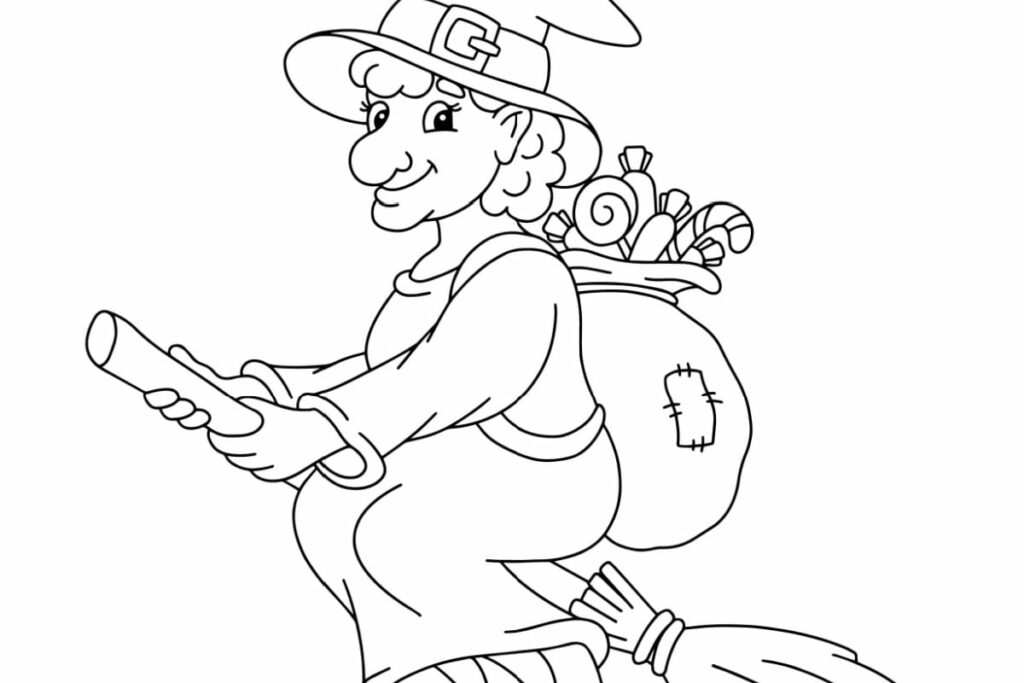 disegno in bianco e nero da colorare della befana sulla scopa con cappello e sacco di regali sulle spalle