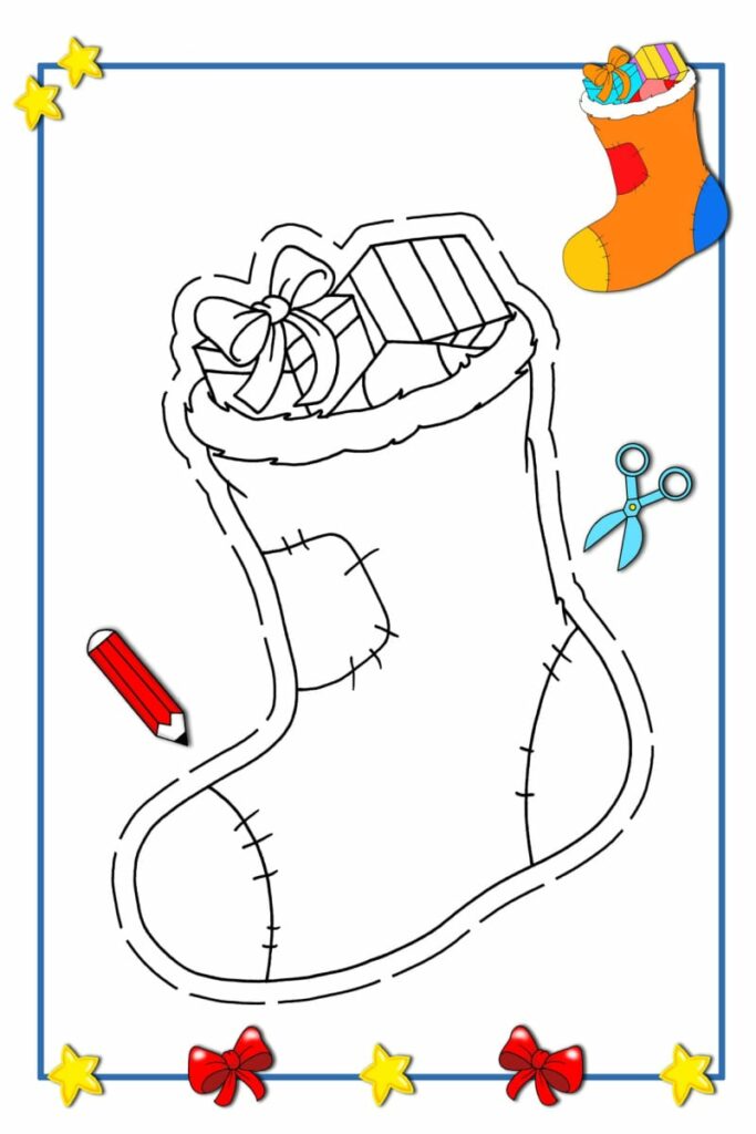 disegno in bianco e nero da ritagliare e colorare con la forma di una calza della befana