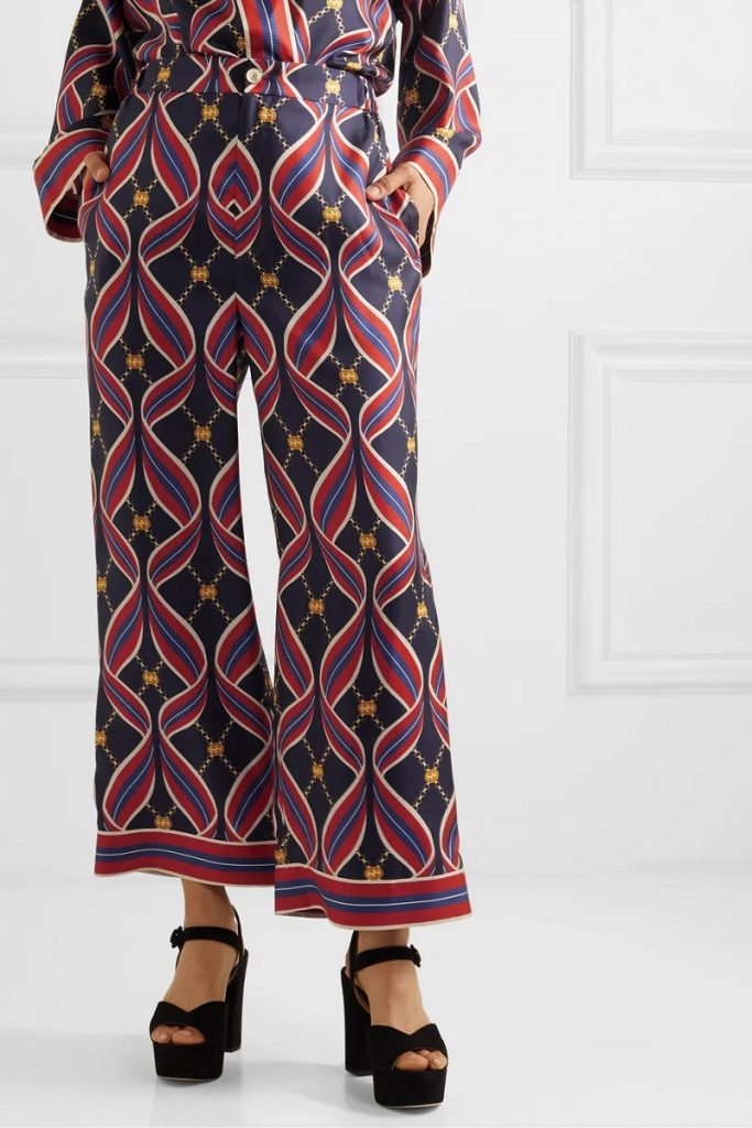 pantaloni con stampa fantasia Gucci Printed silk-twill wide-leg pants 