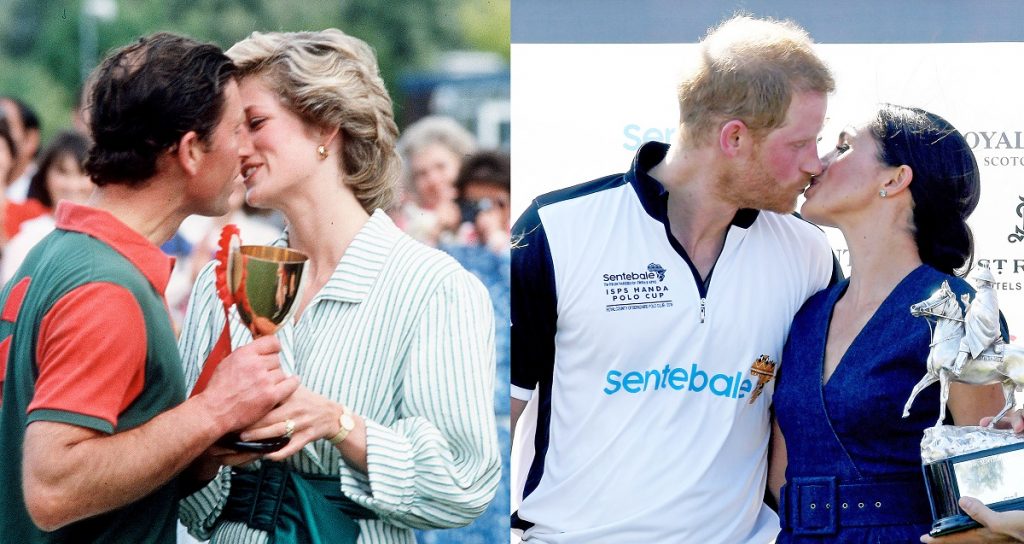 Il principe Carlo e Diana, il Principe Harry e Meghan messi a confronto mentre si baciano a una partita di polo