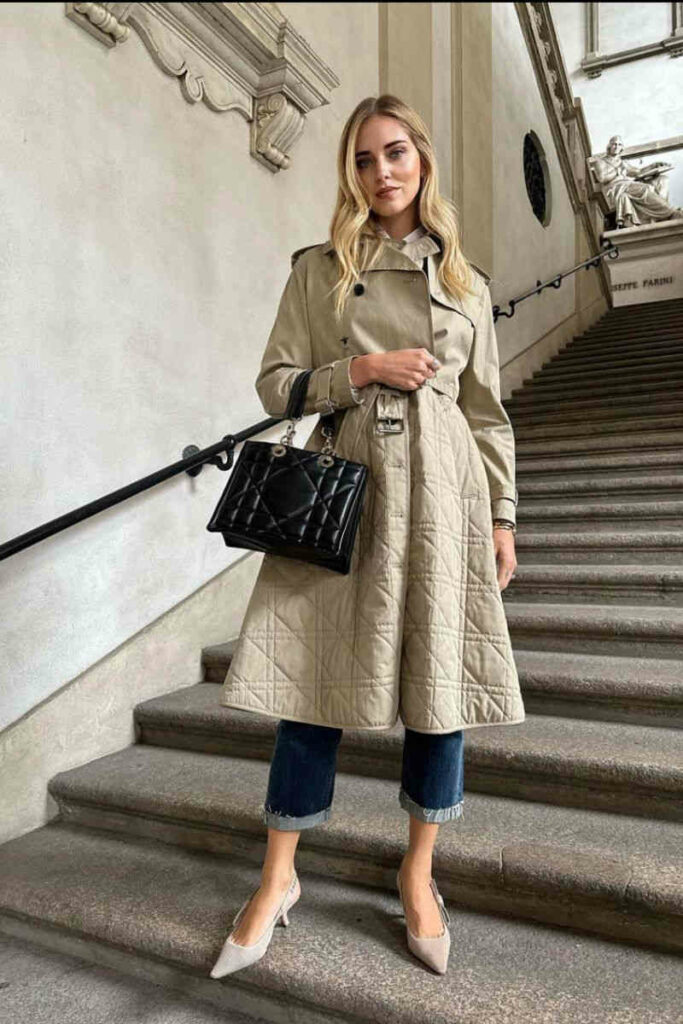 Chiara Ferragni con kitten heels cappotto e hand bag