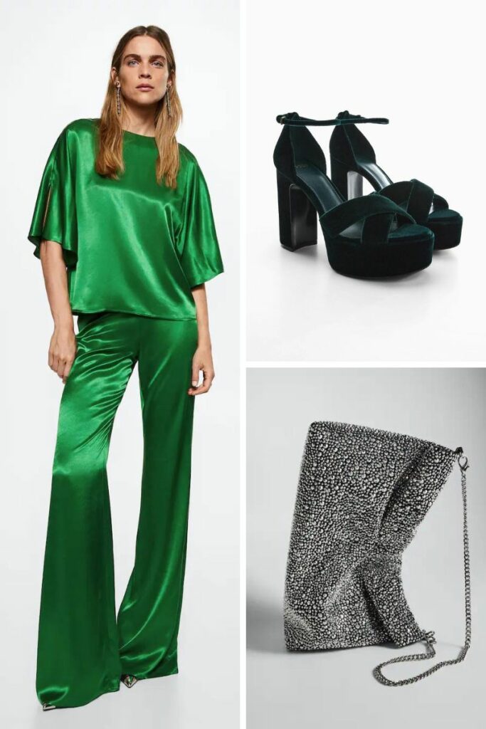 donna con completo in raso pantalone e camicia verde, sandali in velluto e borsa strass argento