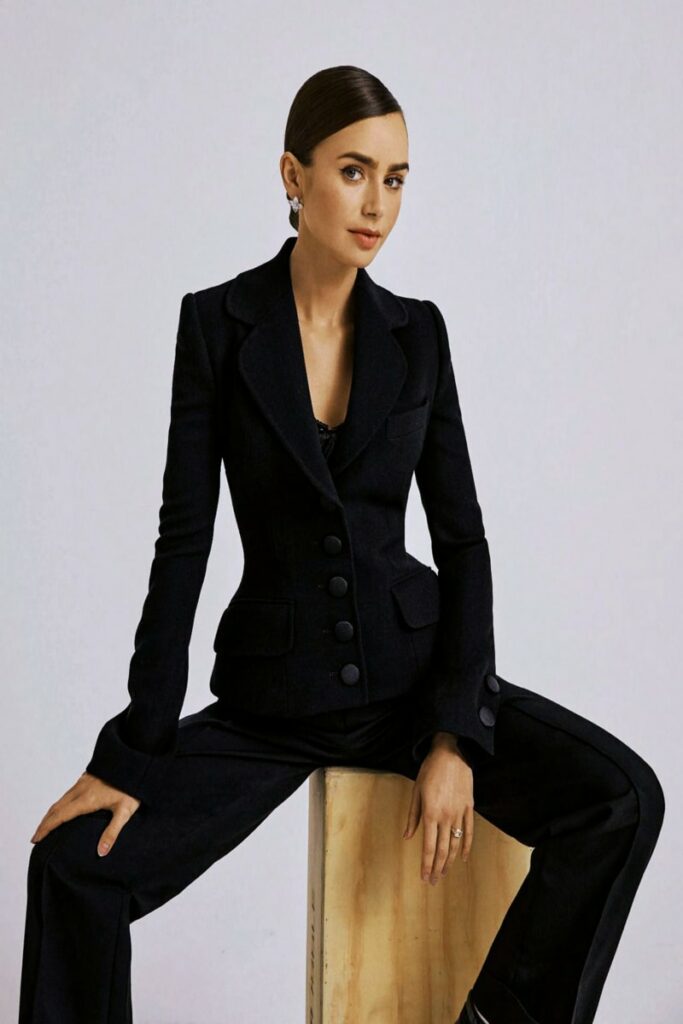 Lily Collins indossa completo total black con capelli raccolti