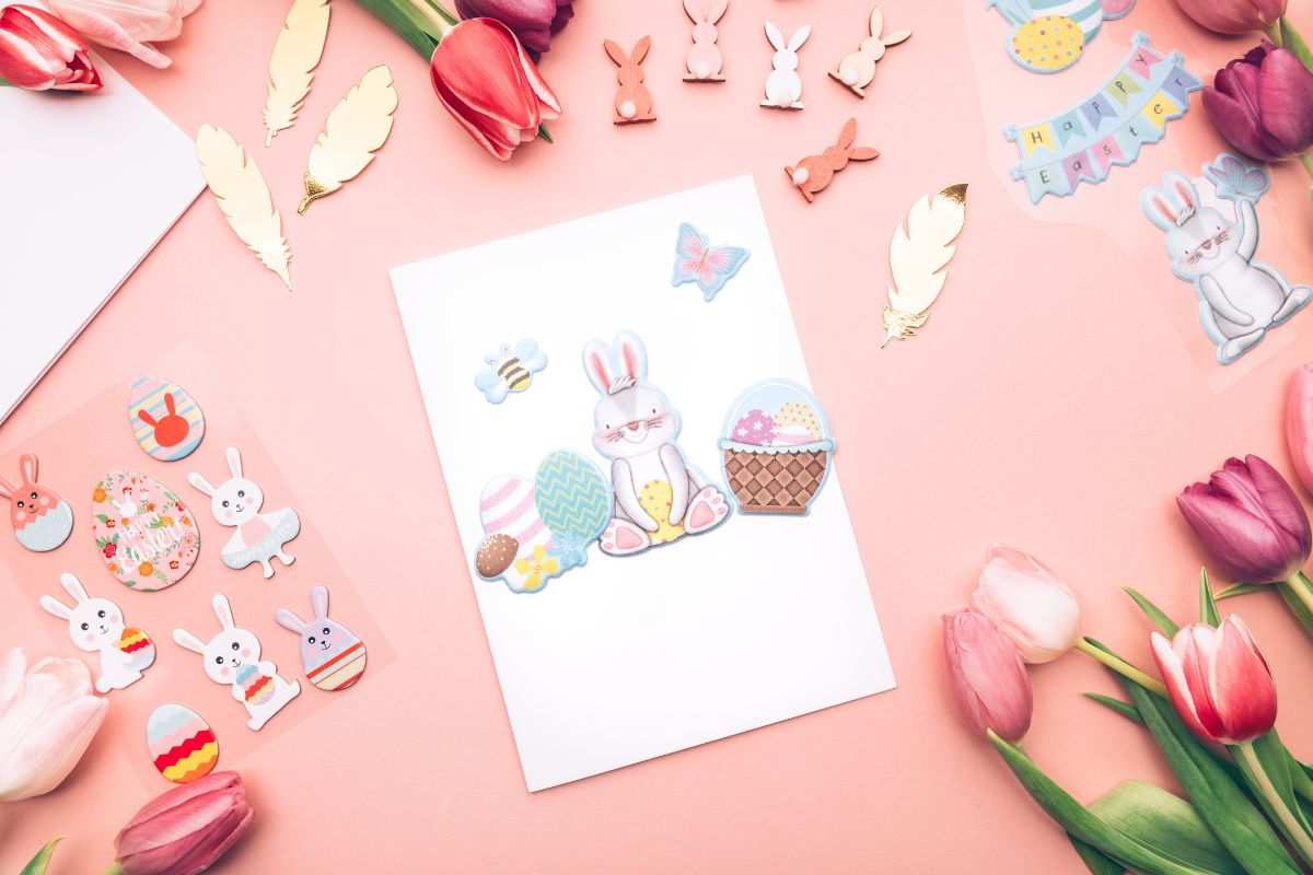 tavola con fiori e coniglietti di carta e un disegno a tema pasquale