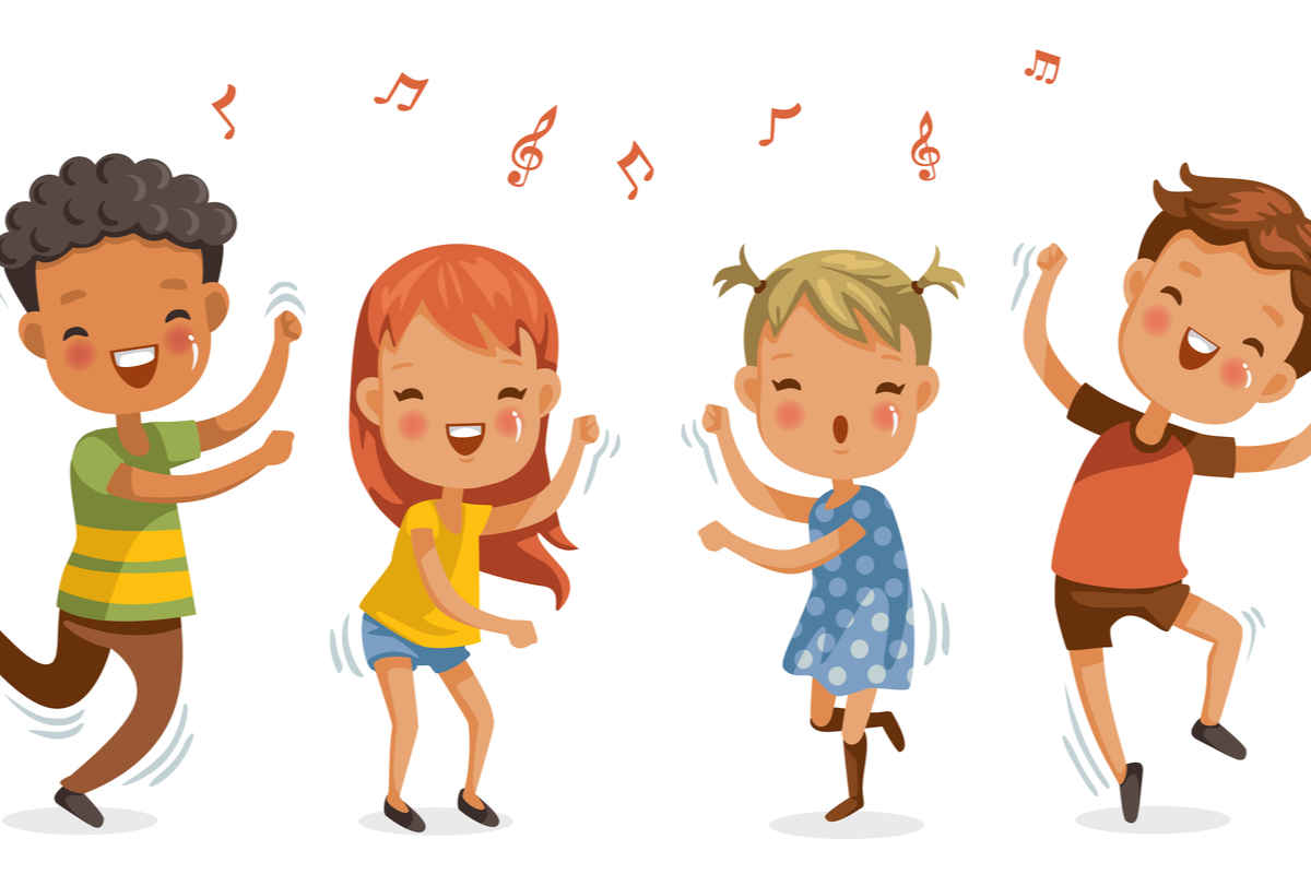 immagine a cartone animato di bambini che cantano e ballano