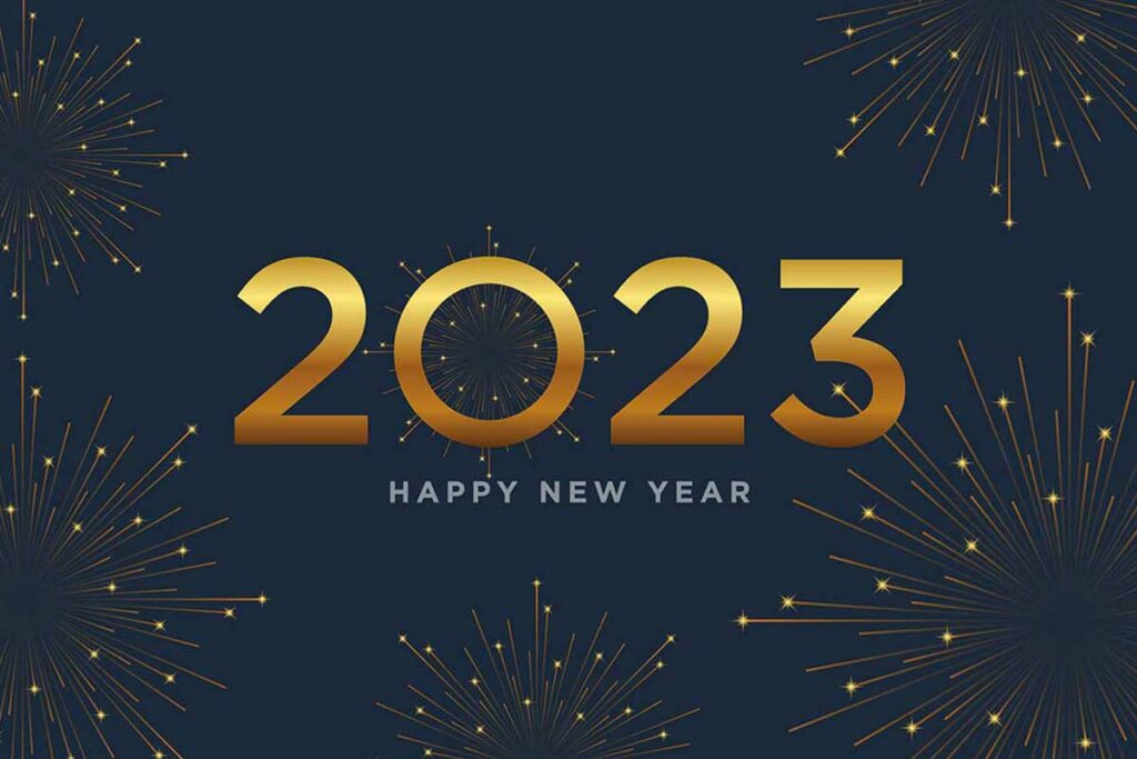 2023 happy new year con fuochi d'artificio
