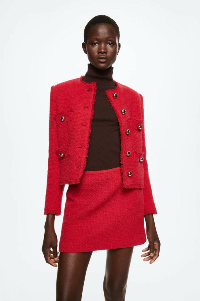completo giacca e minigonna rosso in tweed
