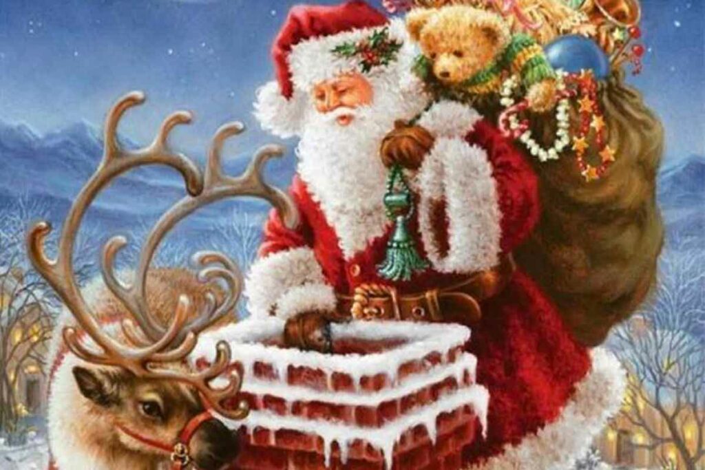 cartolina babbo natale che scende dal camino