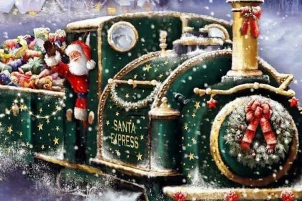 cartolina babbo natale sul treno