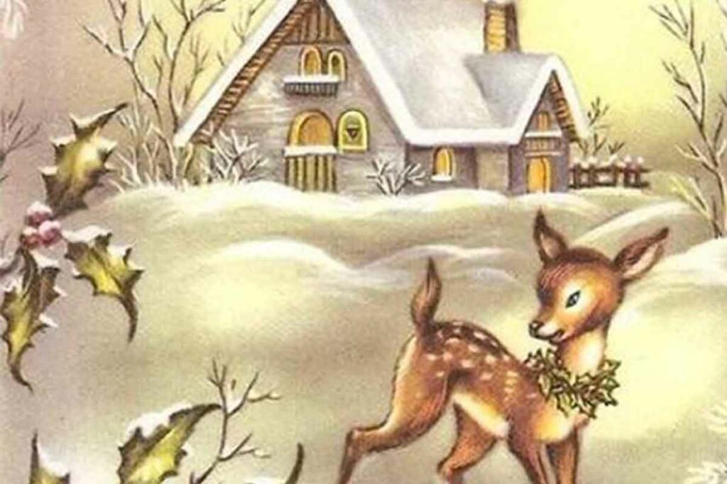 cartolina di Natale vintage con cerbiatto