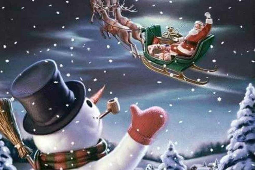 cartolina di natale pupazzo di neve e Babbo Natale