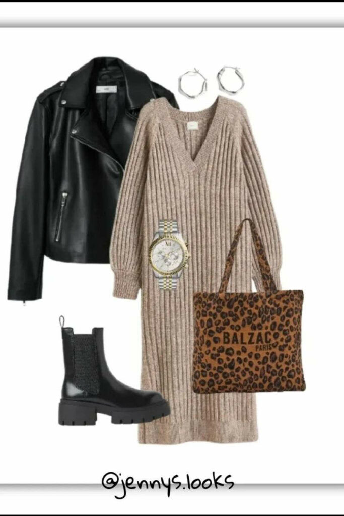 proposte di look maxi abito beige in lana e giacchino in pelle, borsa leopardata e boots