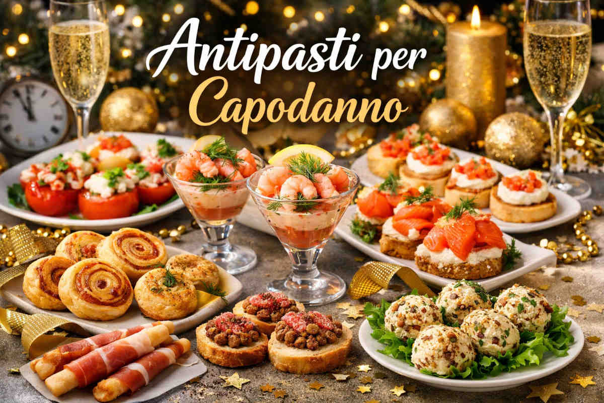 Tavola imbandita con un buffet di antipasti di Capodanno